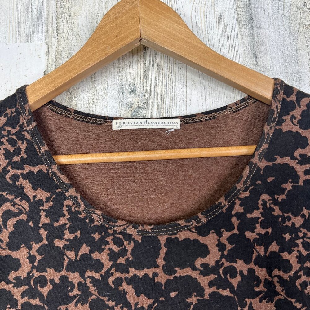 Peruvian Connection Shirt Womens Large Pima Cotton Brown Floral - Picture 2 of 9